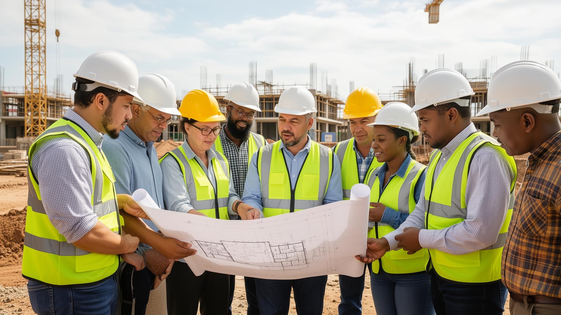 Construction team reviewing plans on a development site
