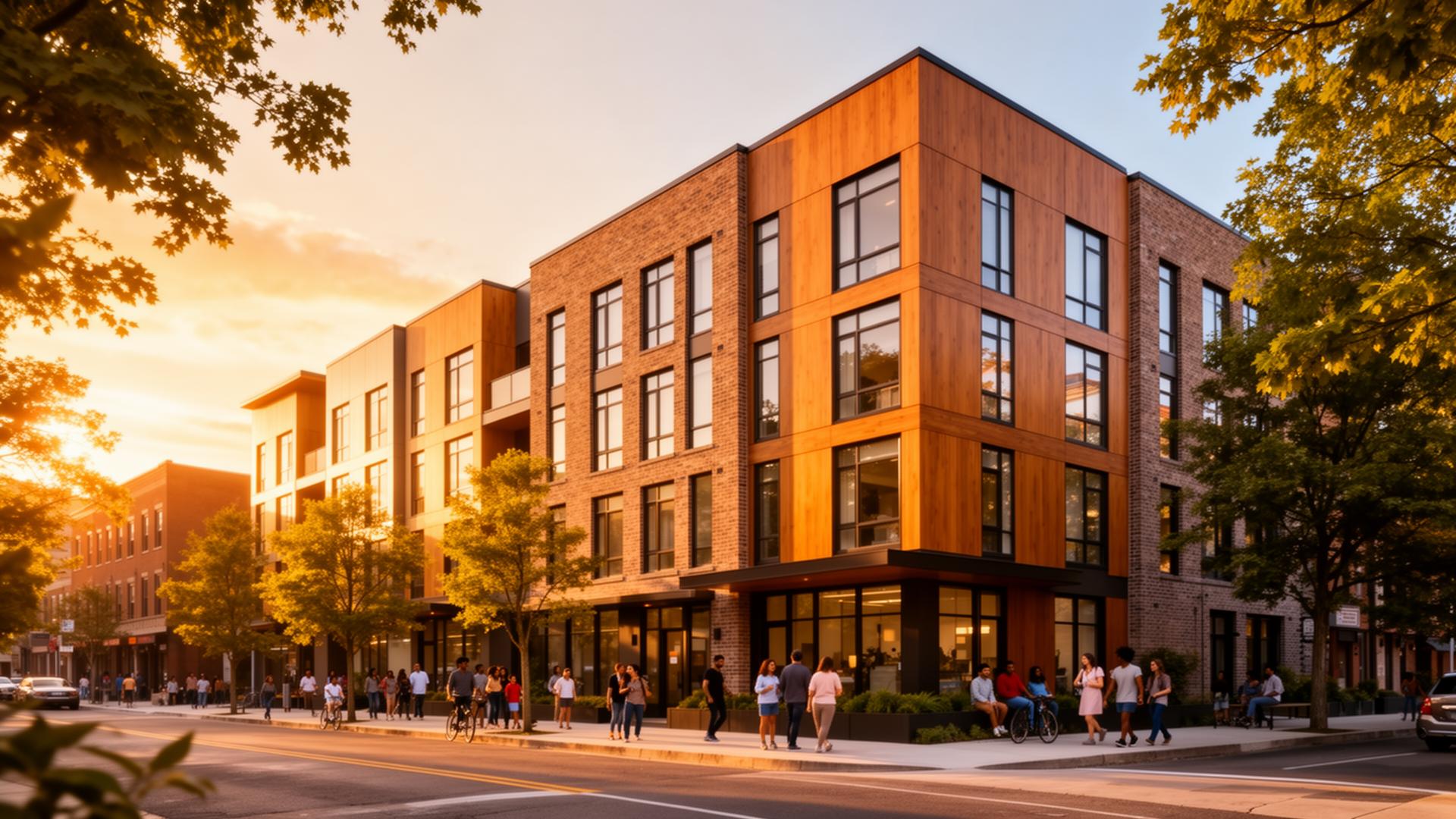 Modern affordable mixed-use housing development at golden hour